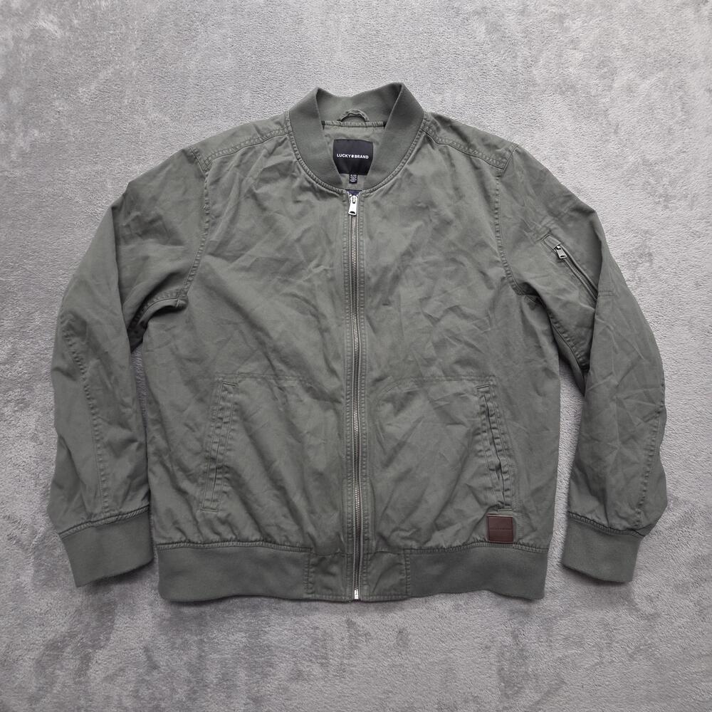 Lucky Brand Jacket Mens XL Green Bomber Cotton Canvas Lined Full Zip Pockets